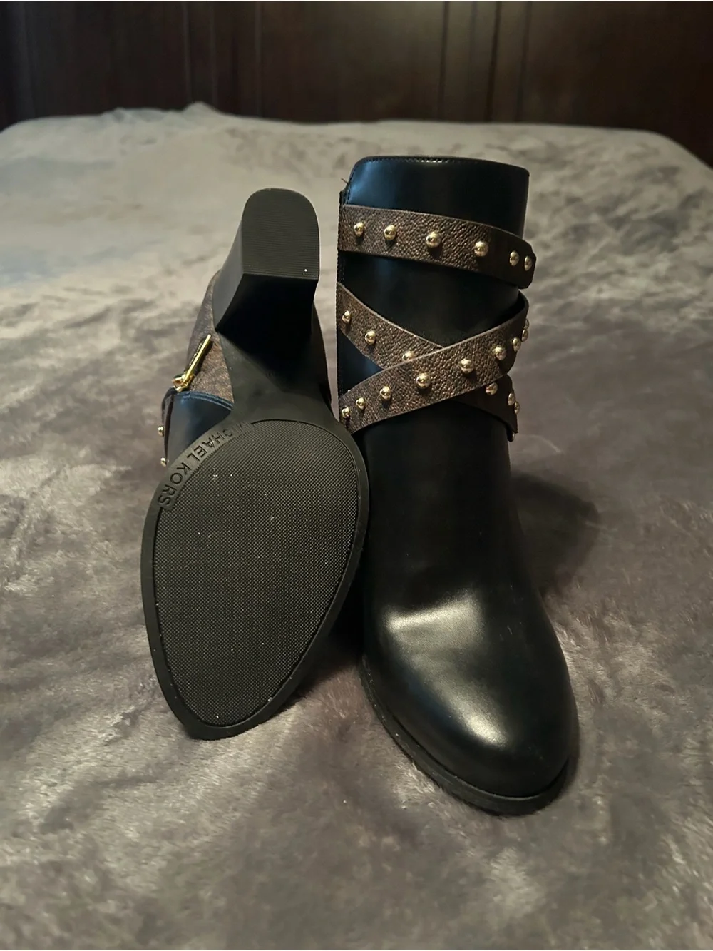 Michael Kors Black Leather Ankle Booties with MK Studded Straps